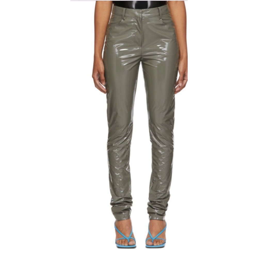 Tibi Tech Patent Skinny Pant Womens 10 Olive Green Coated Glossy Chic